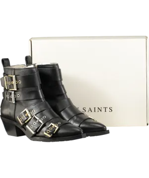 AllSaints Black Jane Buckle Pointed Leather Boots UK 8 EU 41 👠