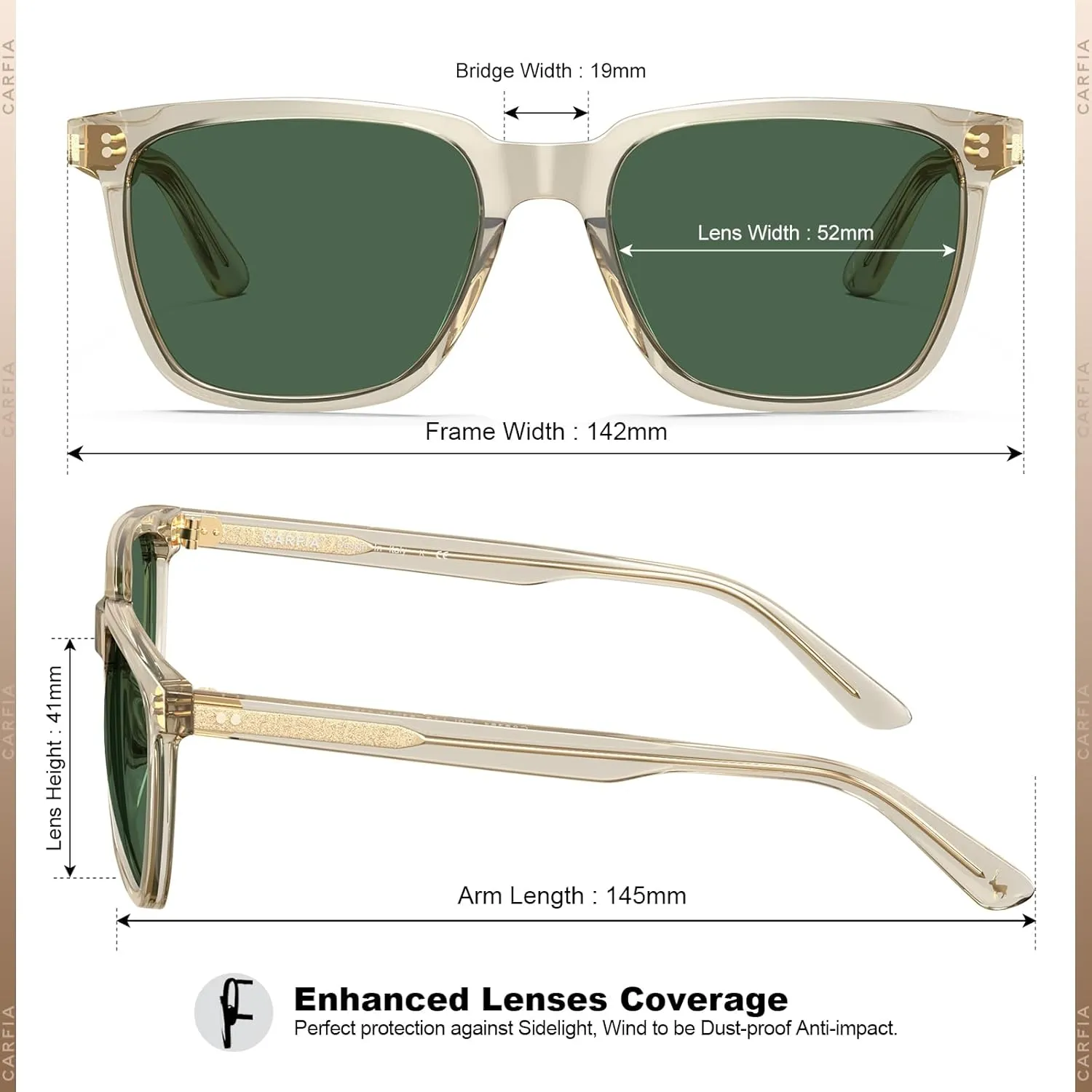 CARFIA Acetate Polarized Sunglasses for Men UV400 Protection Classic Retro Square Shades Driving Glasses