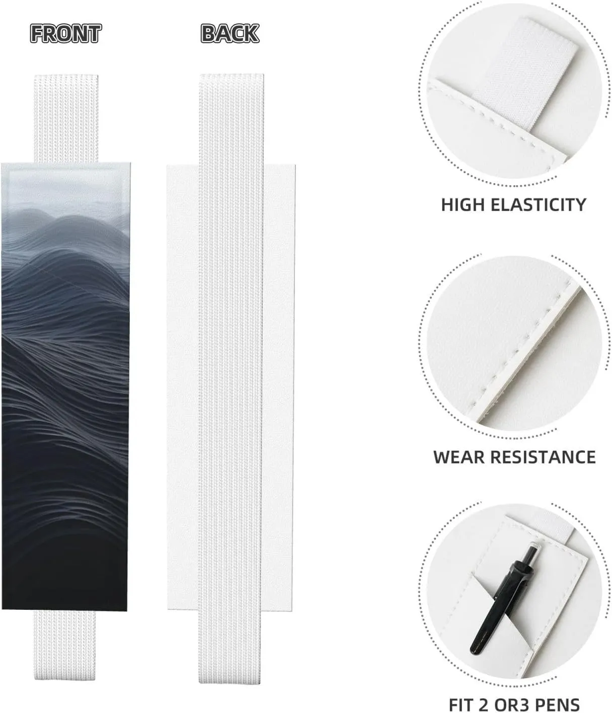 Deep Black Waves Elastic Band Pen Holder Detachable Pu Leather Pen Sleeve Pouch Journal Pencil Holder Pencil Case Office Supplies Gift For Hardcover Journals Notebooks Planners
