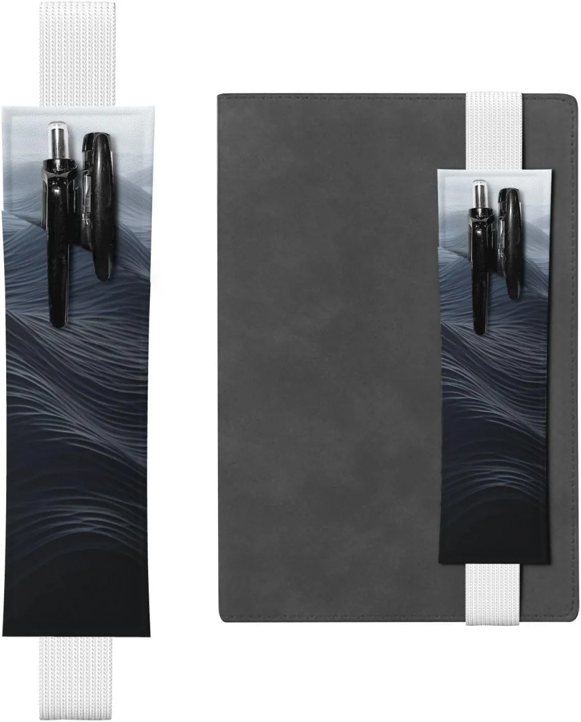 Deep Black Waves Elastic Band Pen Holder Detachable Pu Leather Pen Sleeve Pouch Journal Pencil Holder Pencil Case Office Supplies Gift For Hardcover Journals Notebooks Planners