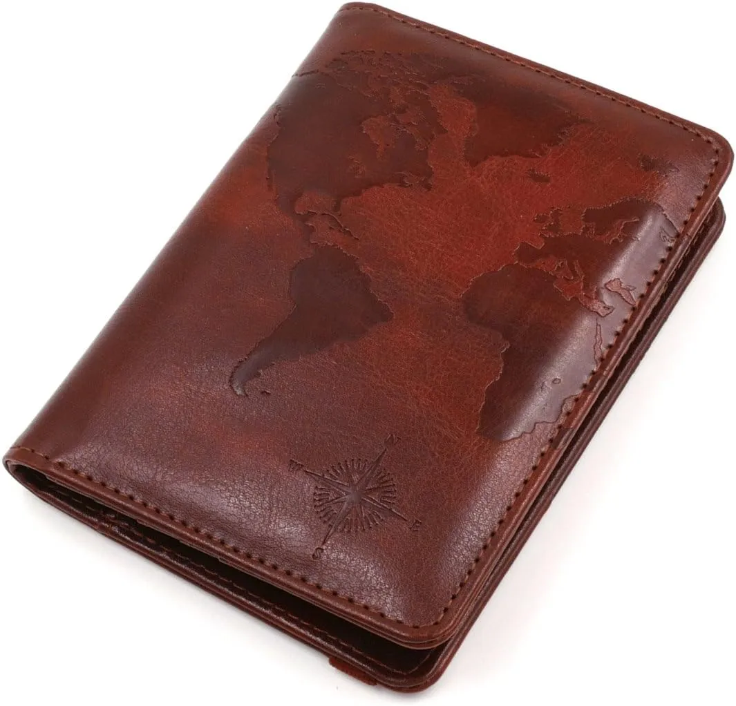 kandouren RFID Blocking Passport Holder Cover Case,Travel Luggage Passport Wallet Made with Brown Map Crazy Horse PU Leather for Men & Women