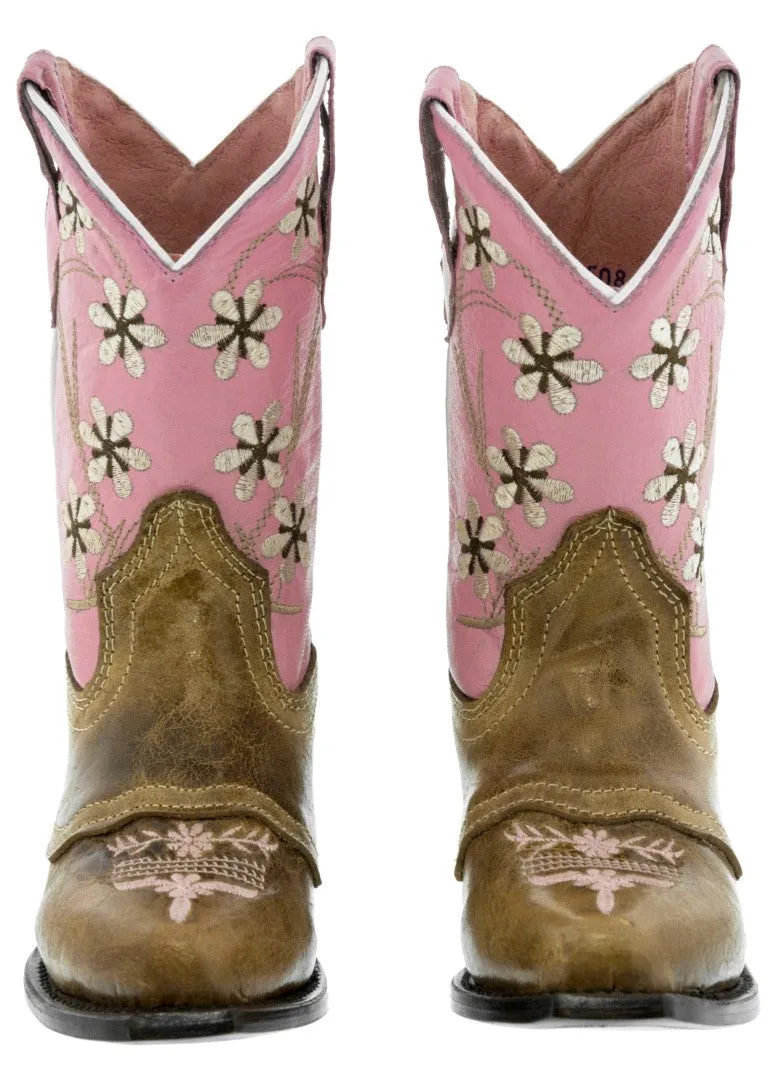 Kids Pink & Light Brown Western Cowboy Boots Floral Leather - Snip Toe