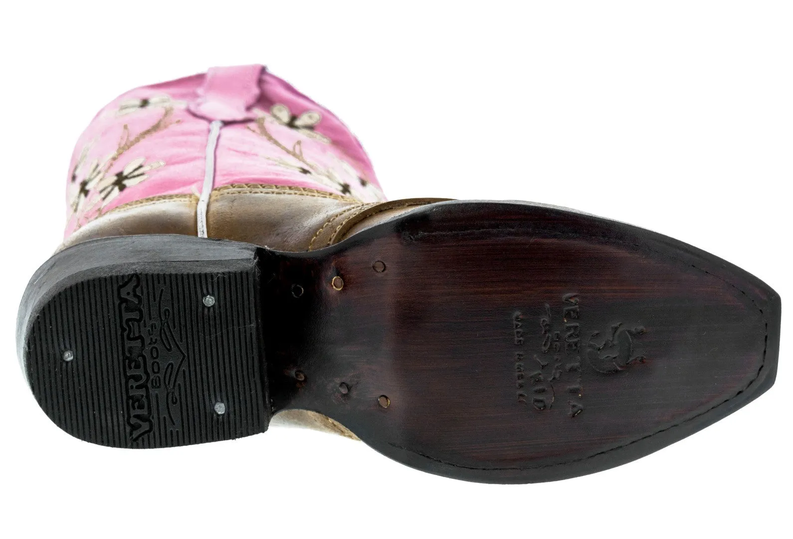 Kids Pink & Light Brown Western Cowboy Boots Floral Leather - Snip Toe