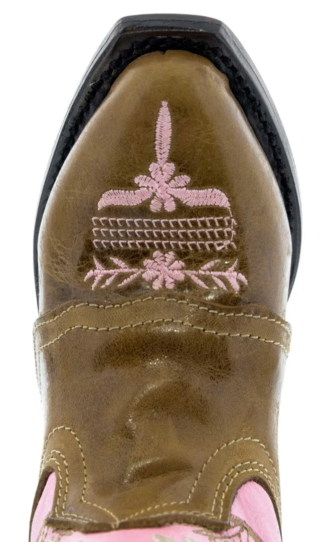 Kids Pink & Light Brown Western Cowboy Boots Floral Leather - Snip Toe