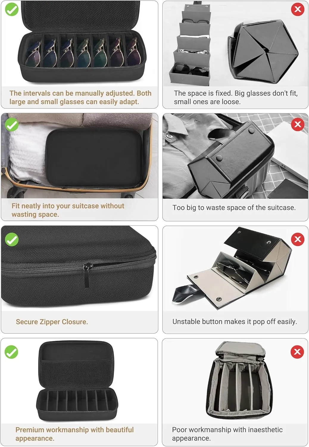 Mkono Travel Sunglasses Organizer Glasses Case Multiple Pairs with Adjustable Slots Portable Eyeglasses Case Storage Box for Men Women, Large, Black