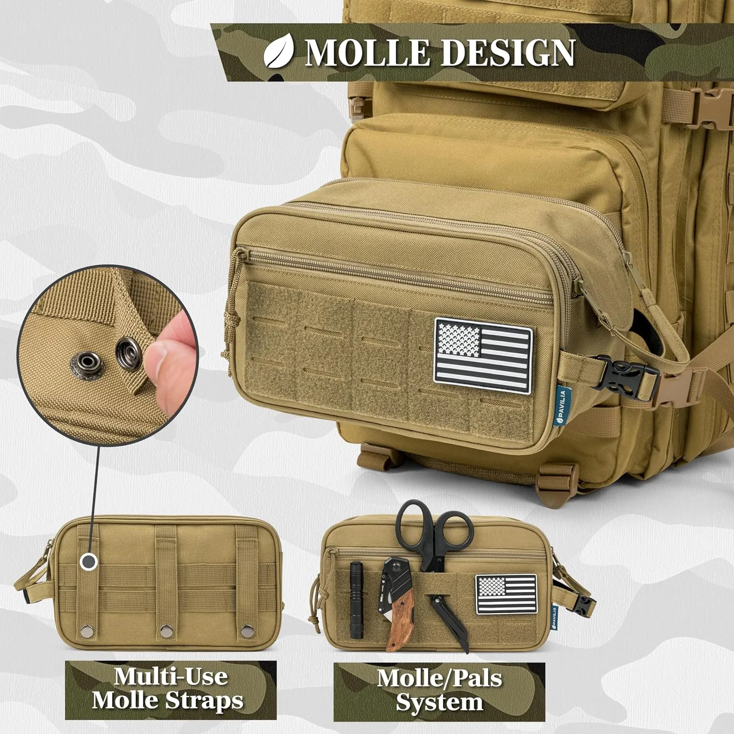 PAVILIA Tactical Toiletry Bag for Men, Hygiene Travel Bag, Military Dopp Kit, Water Resistant Molle Pouch, Mens Shaving Grooming Essentials, Bathroom Shower Toiletries Small Organizer Case, Tan Brown