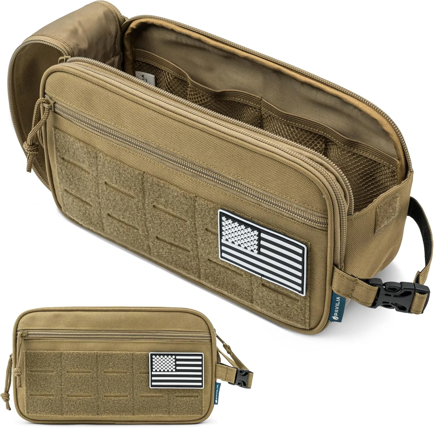 PAVILIA Tactical Toiletry Bag for Men, Hygiene Travel Bag, Military Dopp Kit, Water Resistant Molle Pouch, Mens Shaving Grooming Essentials, Bathroom Shower Toiletries Small Organizer Case, Tan Brown