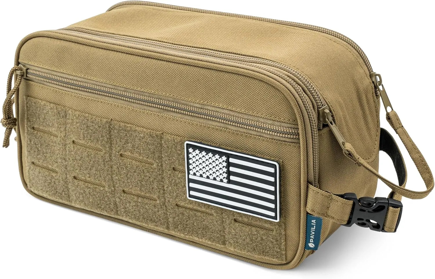 PAVILIA Tactical Toiletry Bag for Men, Hygiene Travel Bag, Military Dopp Kit, Water Resistant Molle Pouch, Mens Shaving Grooming Essentials, Bathroom Shower Toiletries Small Organizer Case, Tan Brown