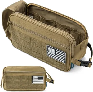 PAVILIA Tactical Toiletry Bag for Men, Hygiene Travel Bag, Military Dopp Kit, Water Resistant Molle Pouch, Mens Shaving Grooming Essentials, Bathroom Shower Toiletries Small Organizer Case, Tan Brown