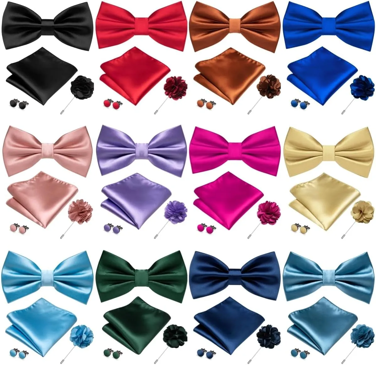 RBOCOTT Solid Color Bow Tie and Pocket Square with Lapel Pin Cufflinks Set 4PCS