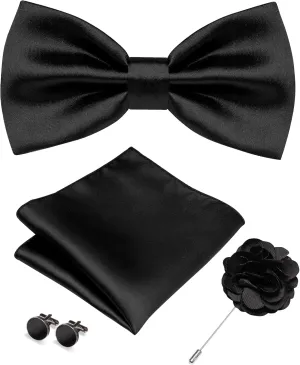 RBOCOTT Solid Color Bow Tie and Pocket Square with Lapel Pin Cufflinks Set 4PCS