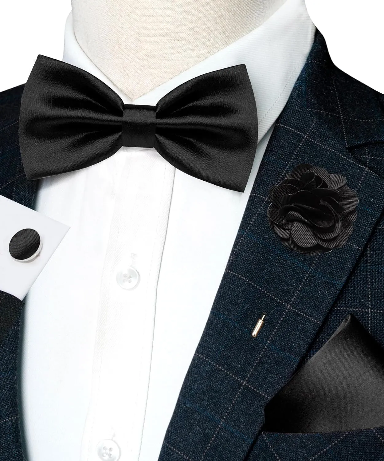 RBOCOTT Solid Color Bow Tie and Pocket Square with Lapel Pin Cufflinks Set 4PCS