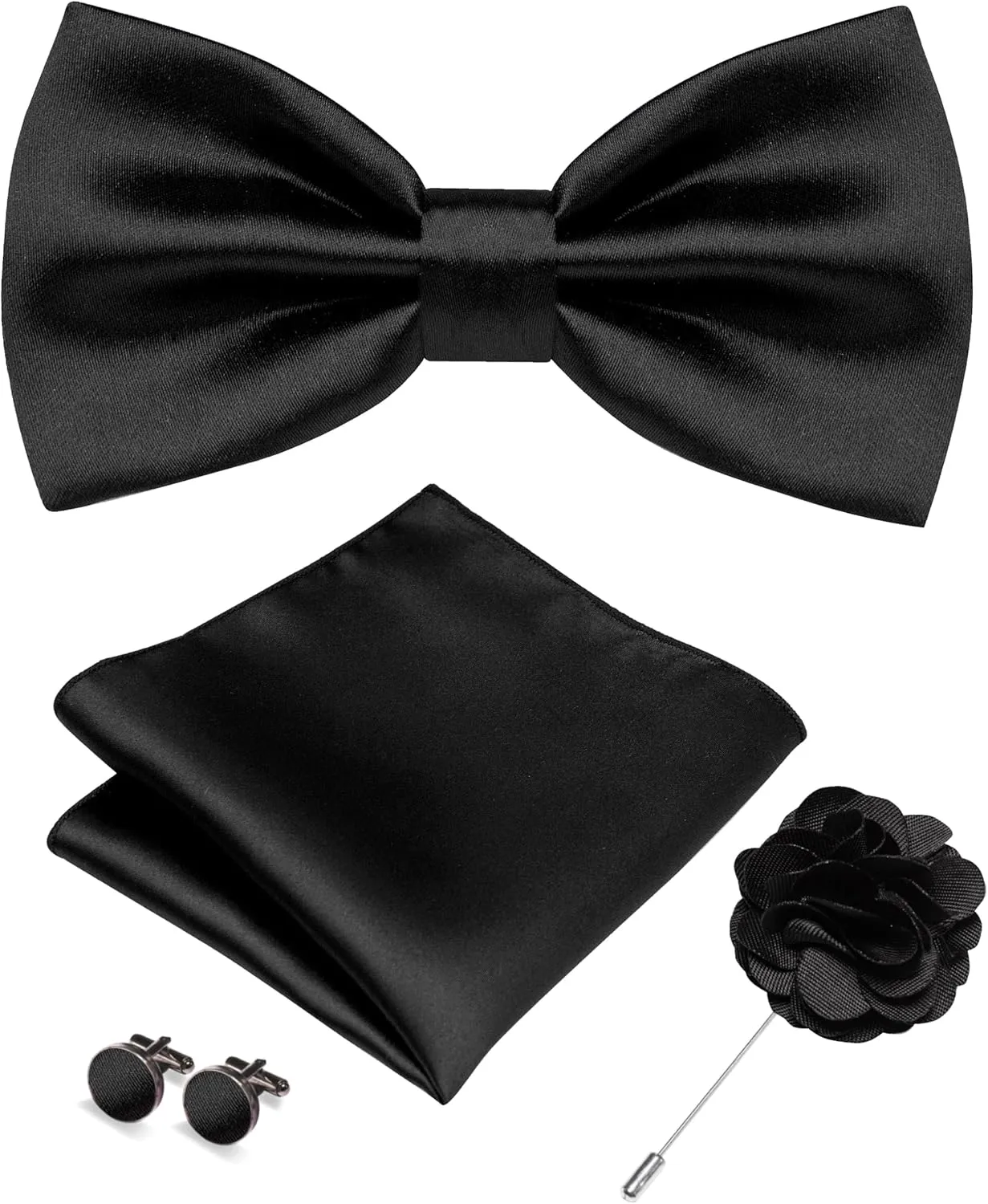 RBOCOTT Solid Color Bow Tie and Pocket Square with Lapel Pin Cufflinks Set 4PCS