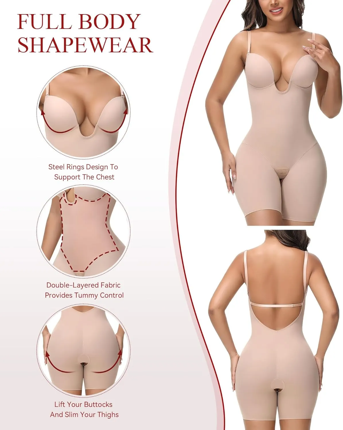 SHAPSHE Backless Shapewear Strapless Deep U Plunge Bodysuit for Women Built In Bra Tummy Control Low Back Body Shaper