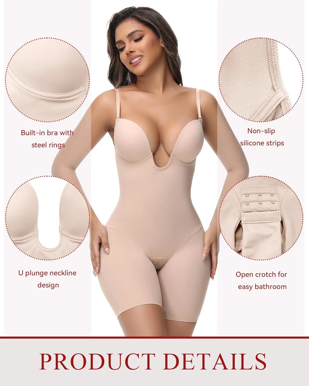 SHAPSHE Backless Shapewear Strapless Deep U Plunge Bodysuit for Women Built In Bra Tummy Control Low Back Body Shaper