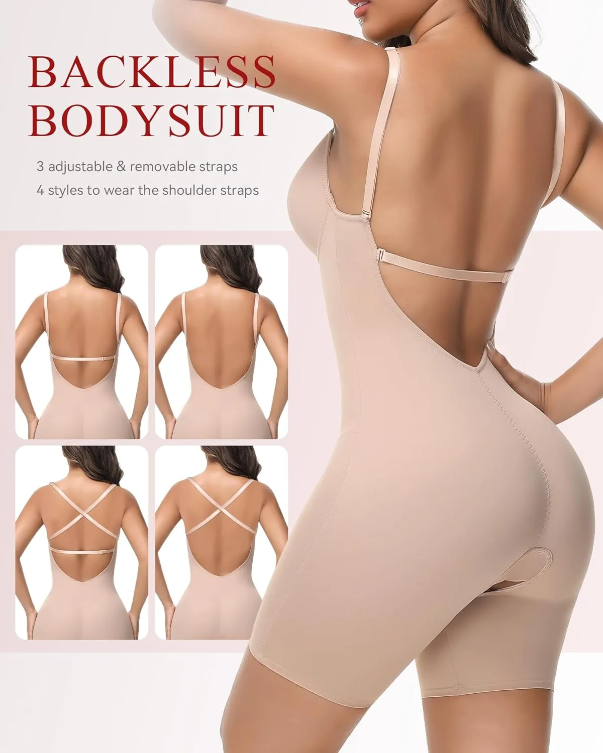 SHAPSHE Backless Shapewear Strapless Deep U Plunge Bodysuit for Women Built In Bra Tummy Control Low Back Body Shaper