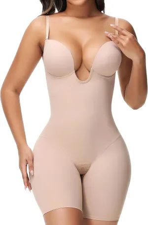 SHAPSHE Backless Shapewear Strapless Deep U Plunge Bodysuit for Women Built In Bra Tummy Control Low Back Body Shaper