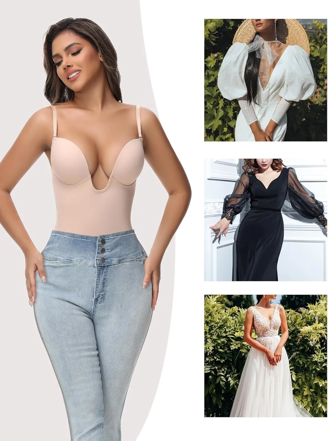 SHAPSHE Backless Shapewear Strapless Deep U Plunge Bodysuit for Women Built In Bra Tummy Control Low Back Body Shaper