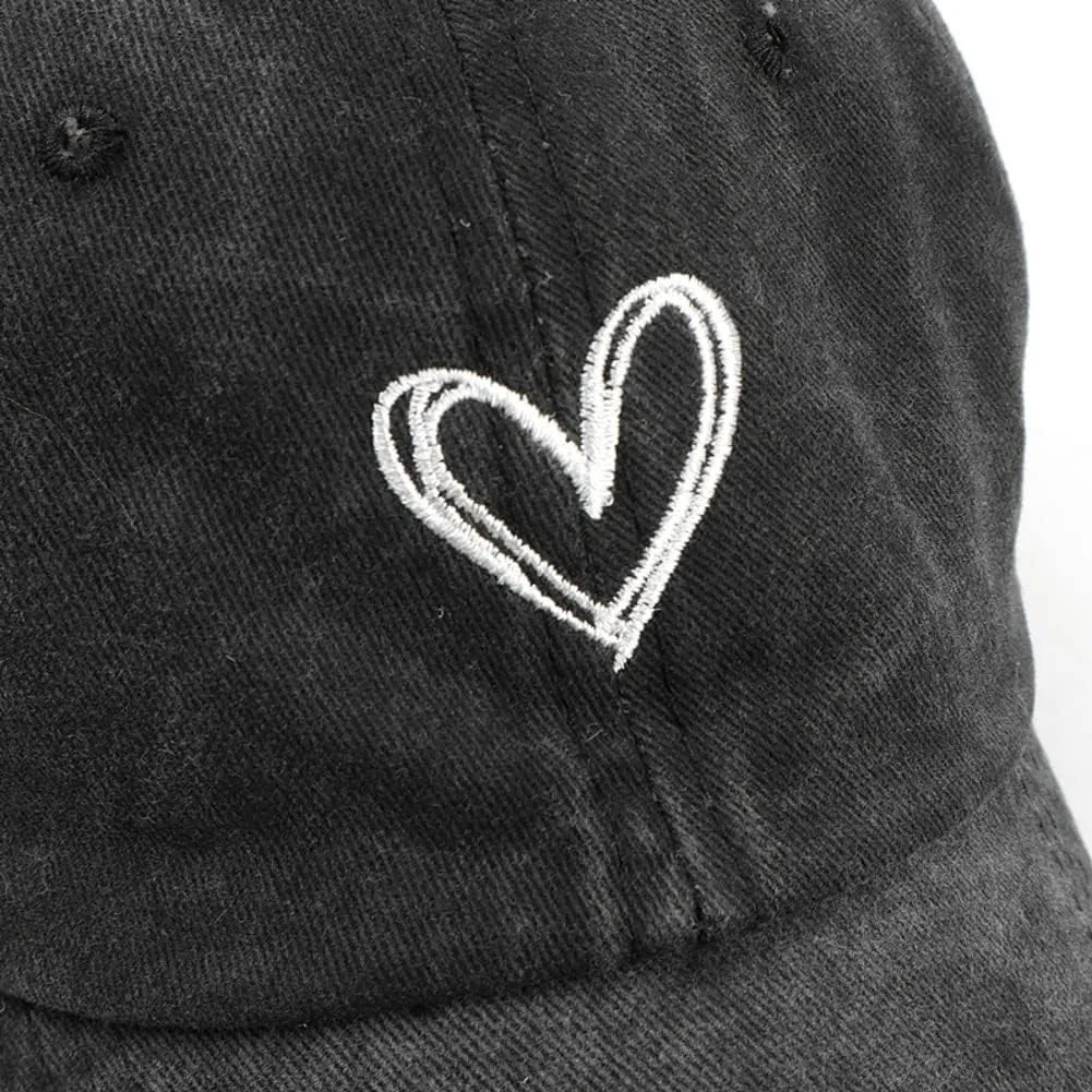 Women's Vintage Washed Baseball Cap Cute Heart Embroidered Sun Hat Adjustable Distressed Dad Caps UV Protection Summer Hats