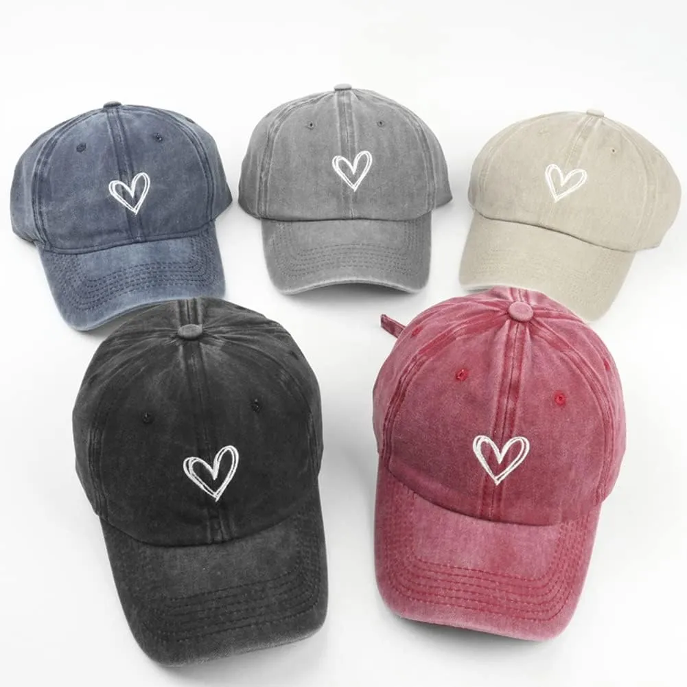Women's Vintage Washed Baseball Cap Cute Heart Embroidered Sun Hat Adjustable Distressed Dad Caps UV Protection Summer Hats