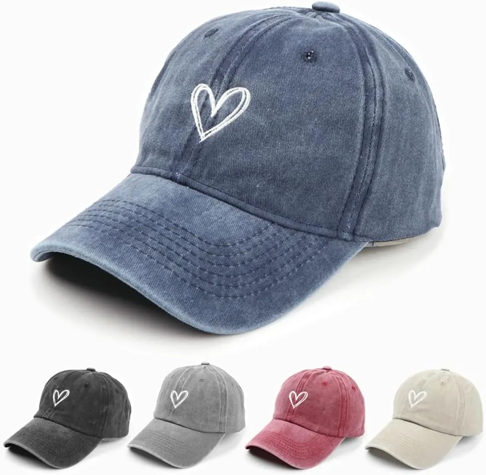Women's Vintage Washed Baseball Cap Cute Heart Embroidered Sun Hat Adjustable Distressed Dad Caps UV Protection Summer Hats
